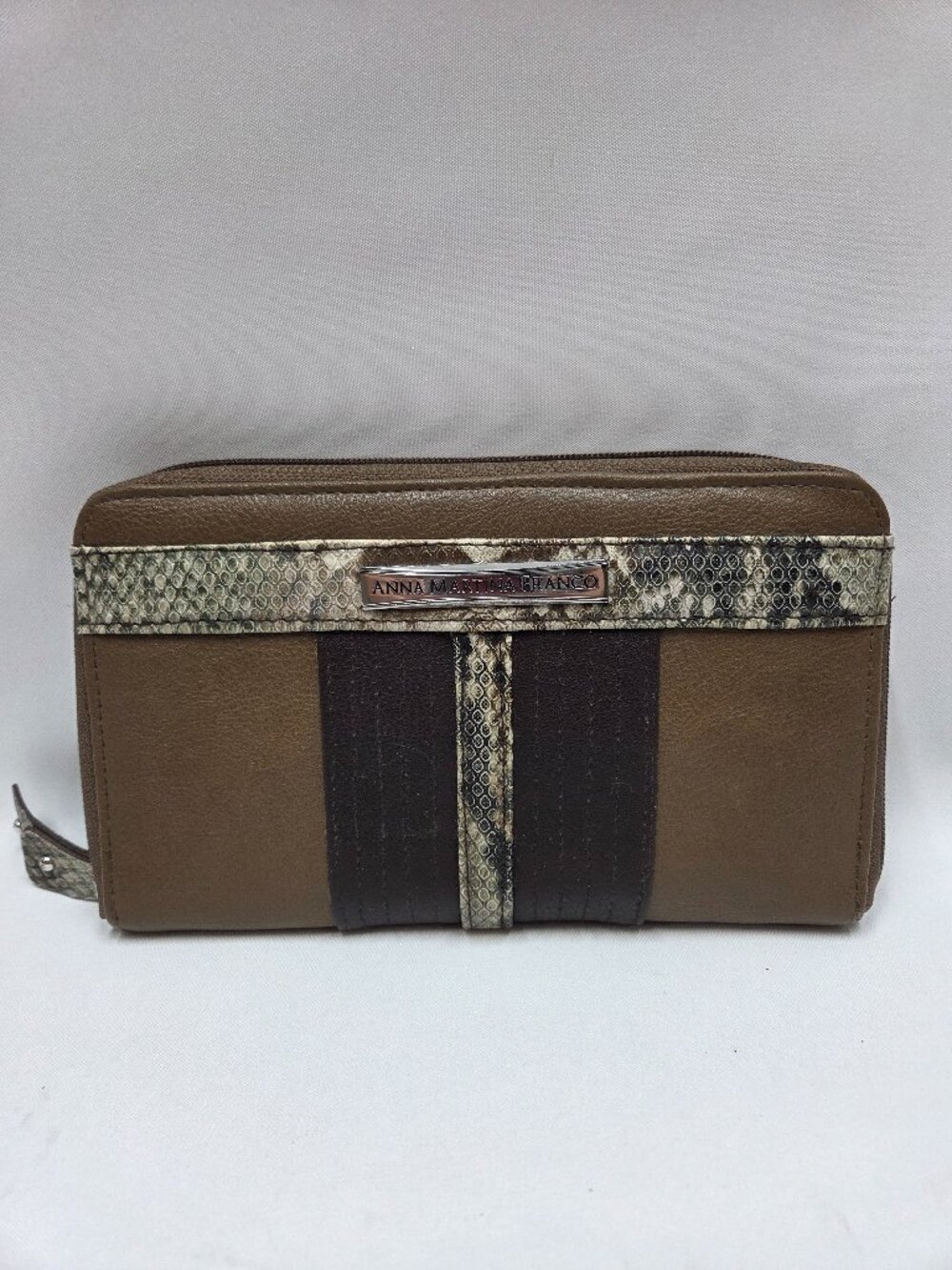Anna Martina Franco Clutch Wallet Zippered Faux Leather Snake Skin Trim